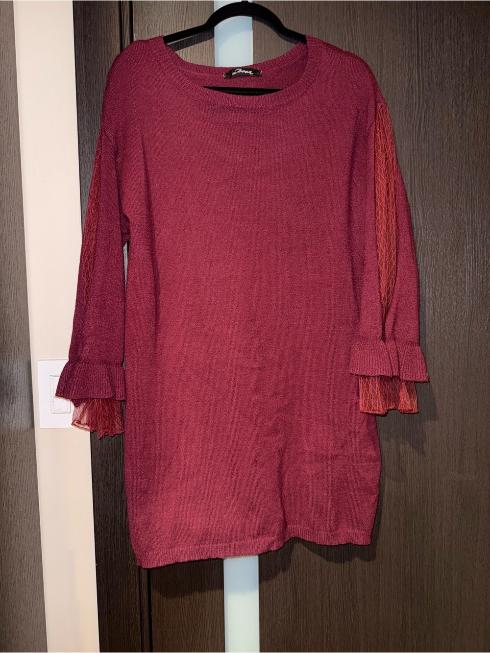 Joenia Women’s Burgundy Knit Sweater Dress with Ruffle Sleeve Detail Size OS